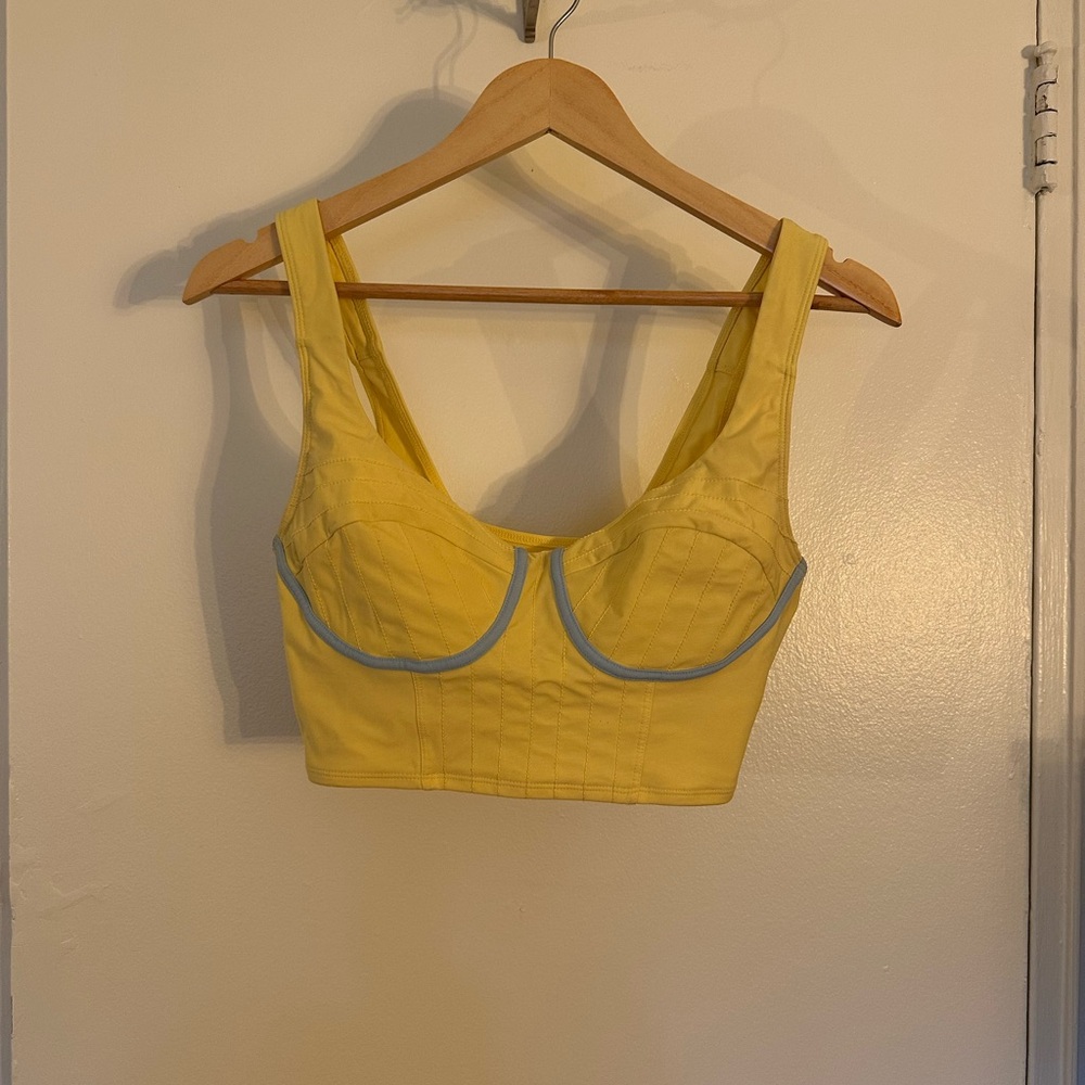 Fabletics Corset Yellow Crop Top with Blue Accents